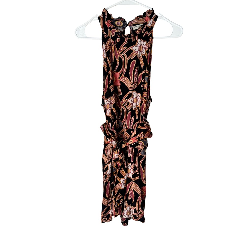 Christian Siriano New York Floral Ruffle Neck Tie Waist Romper Black Multi M